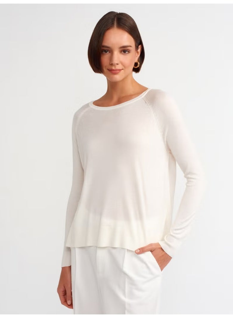 Dilvin 10536 Crew Neck Basic Thin Knit Sweater-Ecru - Image 1